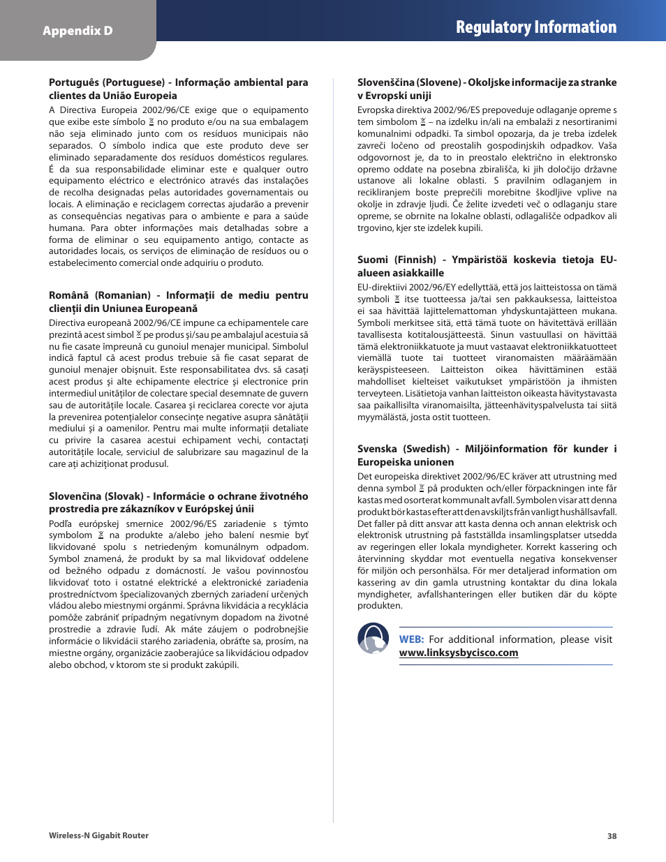 Regulatory information, Appendix d | Cisco WRT310N User Manual | Page 39 / 53