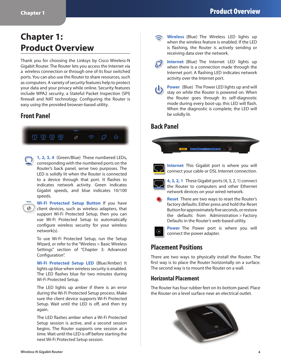Chapter 1: product overview, Front panel, Back panel | Placement positions, Chapter 1, Product overview, Front panel back panel placement positions, Horizontal placement | Cisco WRT310N User Manual | Page 5 / 53