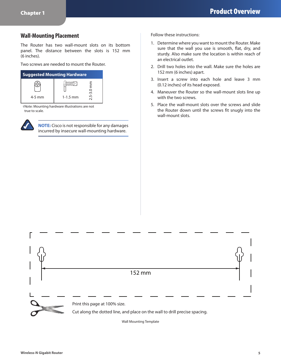 Product overview, Wall-mounting placement, 152 mm | Cisco WRT310N User Manual | Page 6 / 53