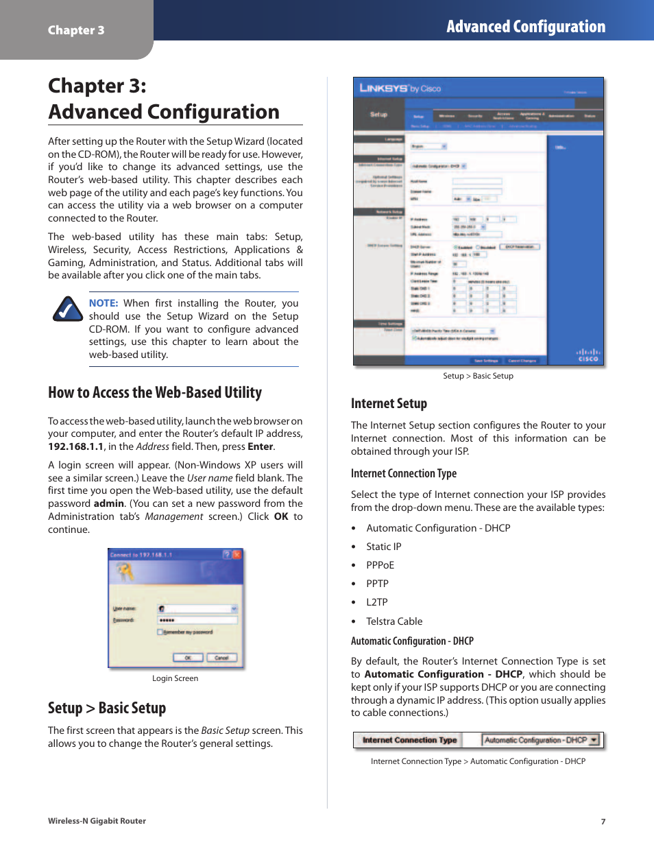 Chapter 3: advanced configuration, Setup > basic setup, Chapter 3 | Advanced configuration, How to access the web-based utility, Internet setup | Cisco WRT310N User Manual | Page 8 / 53