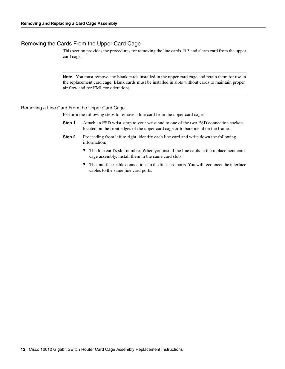 Removing a line card from the upper card cage | Cisco 12012 User Manual | Page 12 / 34