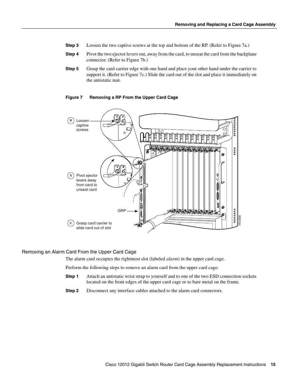 Removing an alarm card from the upper card cage | Cisco 12012 User Manual | Page 15 / 34