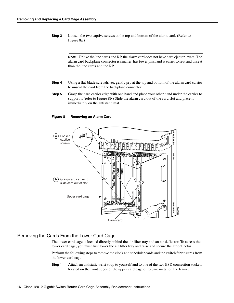 Removing the cards from the lower card cage | Cisco 12012 User Manual | Page 16 / 34