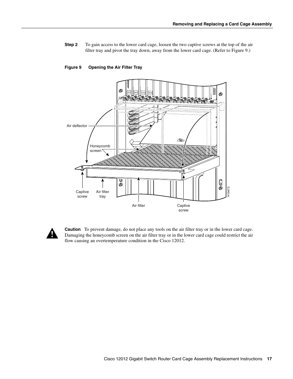 Figure 9 opening the air filter tray caution | Cisco 12012 User Manual | Page 17 / 34