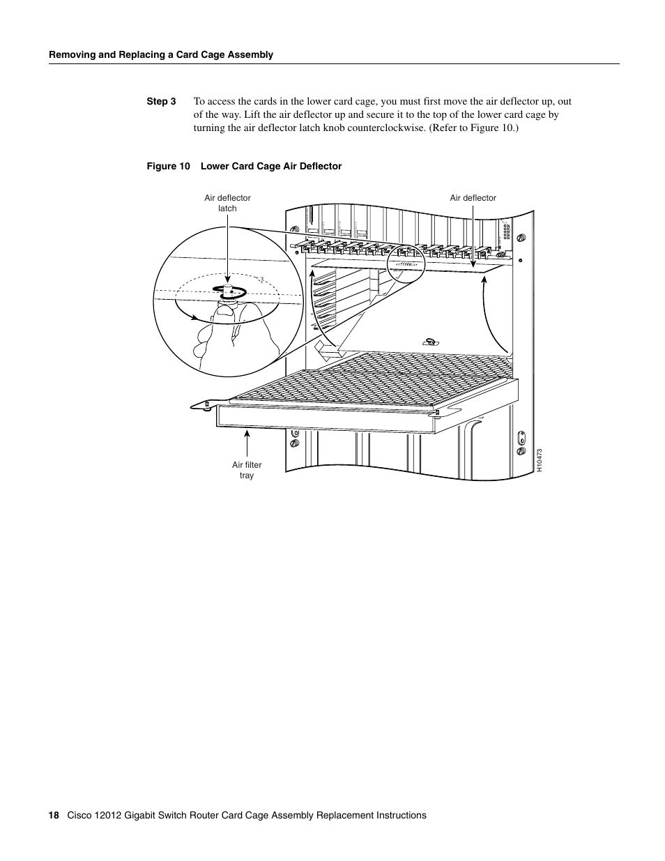 Figure 10 lower card cage air deflector, Air deflector latch air filter tray air deflector | Cisco 12012 User Manual | Page 18 / 34