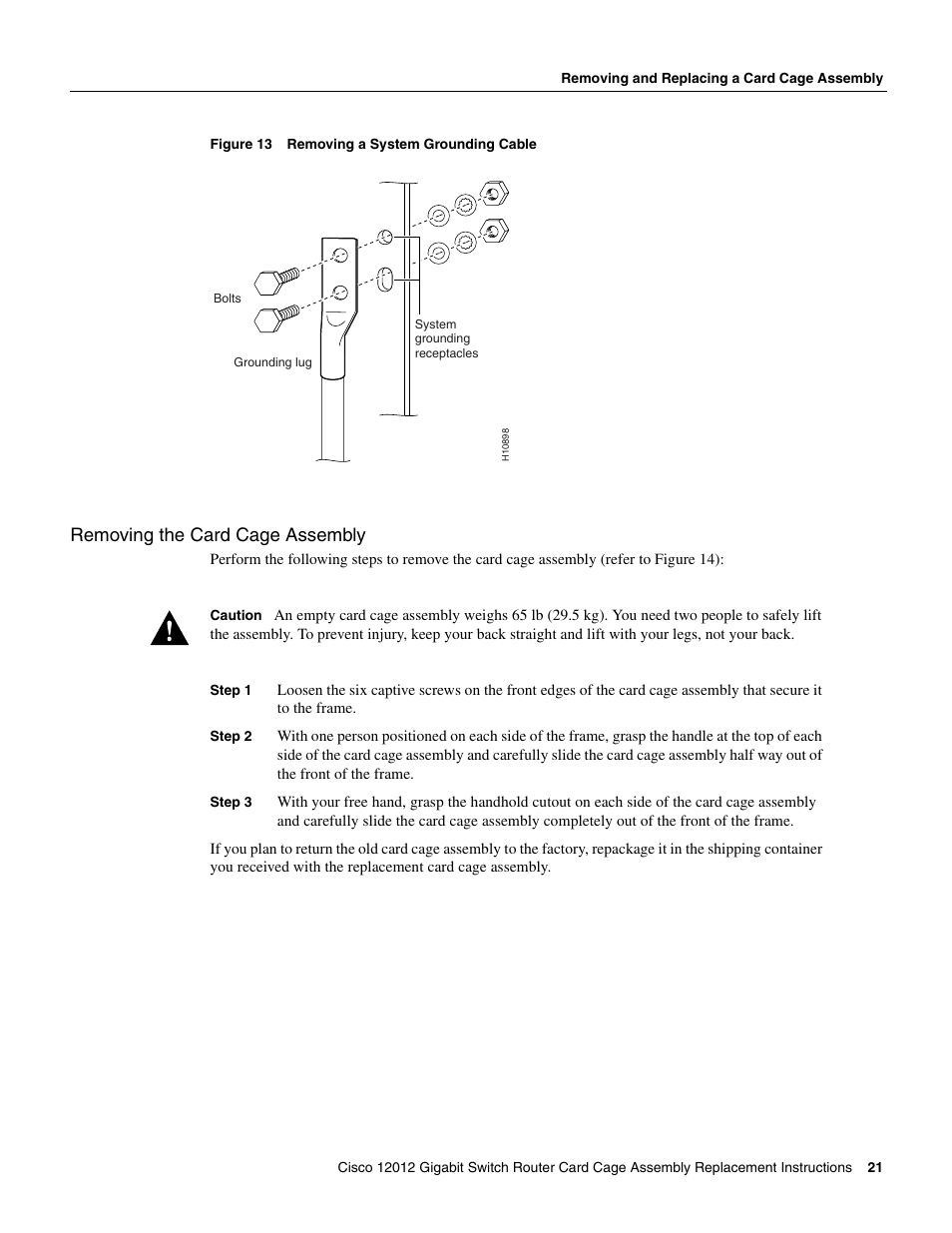 Removing the card cage assembly | Cisco 12012 User Manual | Page 21 / 34