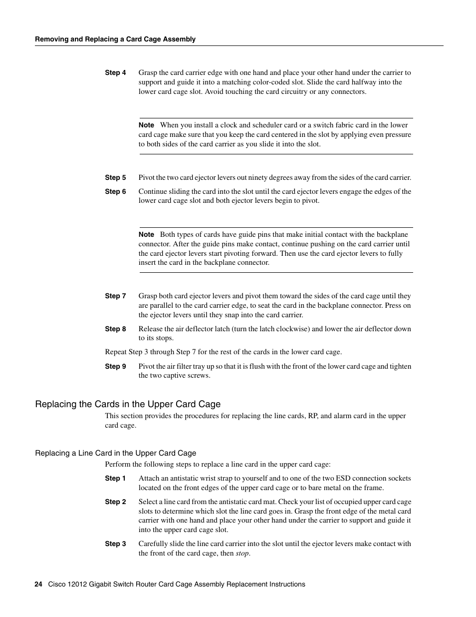 Replacing a line card in the upper card cage | Cisco 12012 User Manual | Page 24 / 34