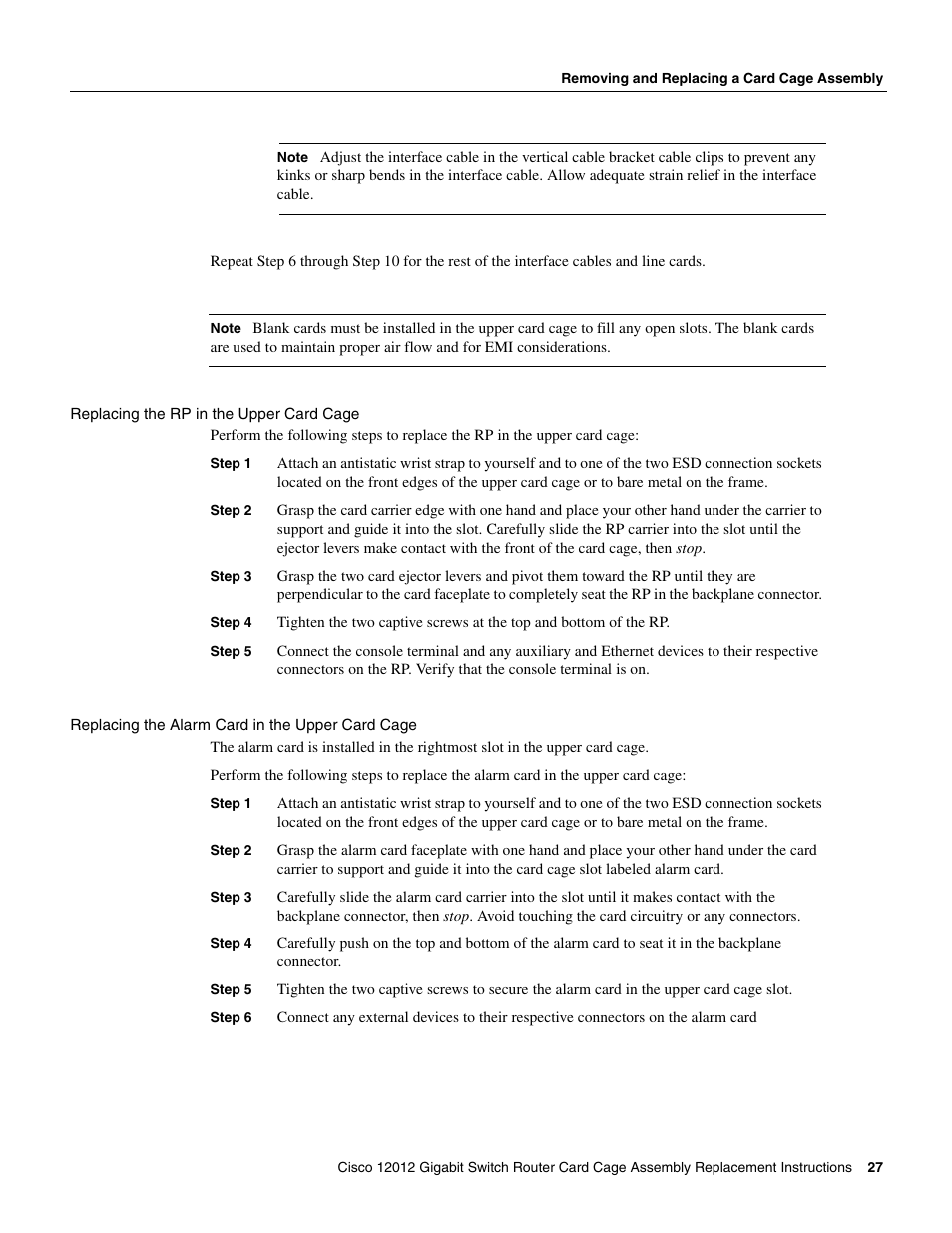 Replacing the rp in the upper card cage, Replacing the alarm card in the upper card cage | Cisco 12012 User Manual | Page 27 / 34