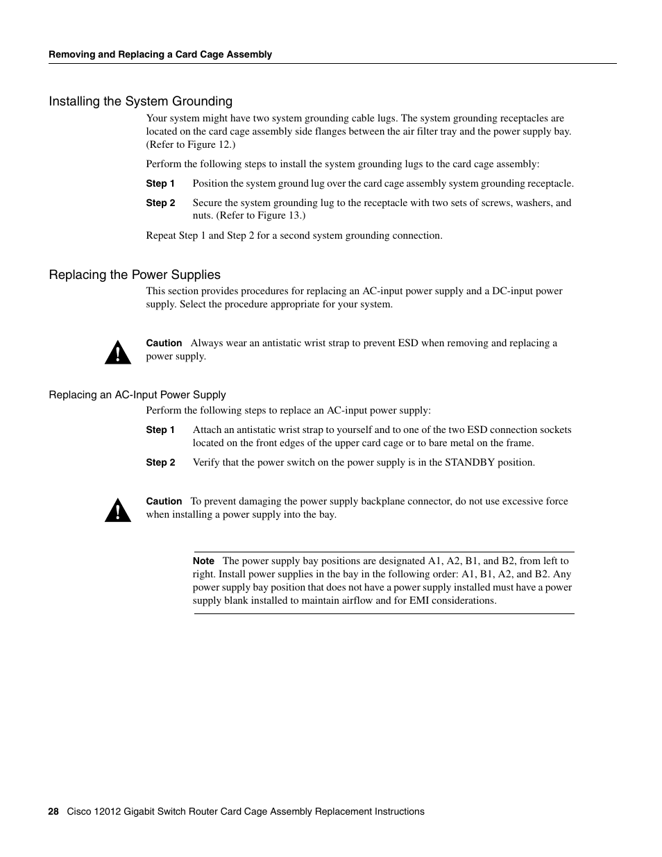 Replacing an ac-input power supply | Cisco 12012 User Manual | Page 28 / 34