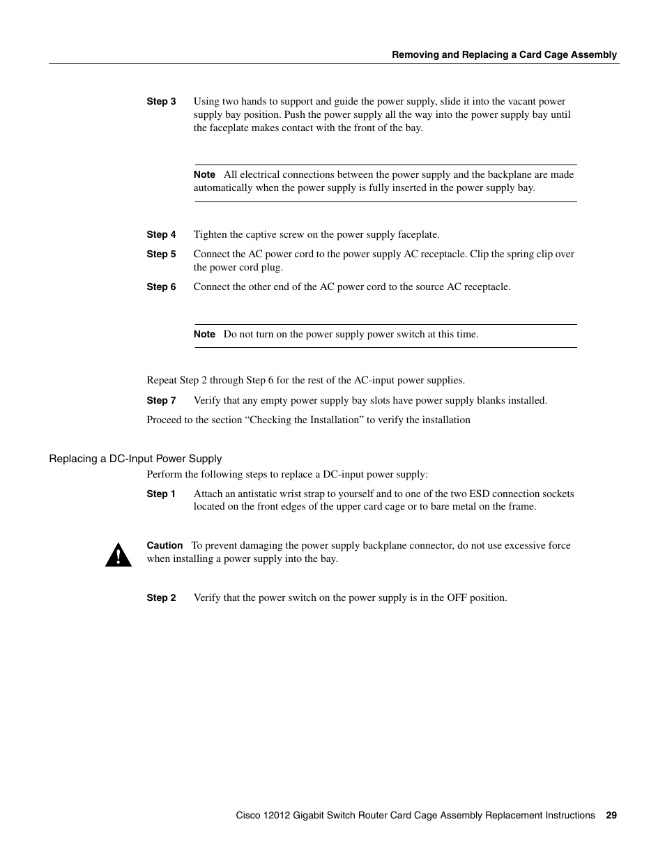 Replacing a dc-input power supply | Cisco 12012 User Manual | Page 29 / 34