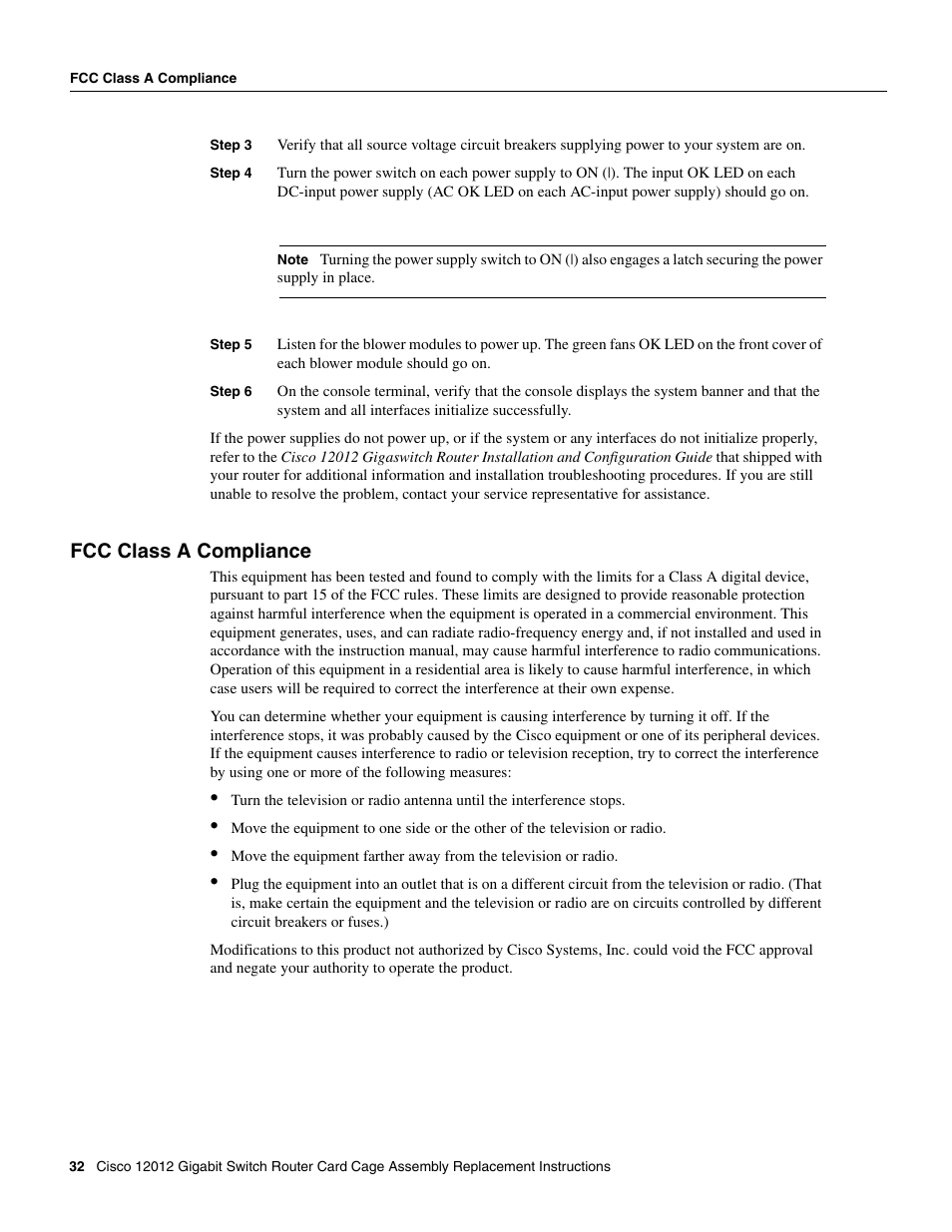 Fcc class a compliance | Cisco 12012 User Manual | Page 32 / 34