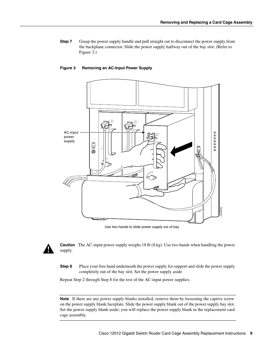 Figure 3 removing an ac-input power supply caution, Step 8, Use two hands to slide power supply out of bay | Ac-input power supply | Cisco 12012 User Manual | Page 9 / 34