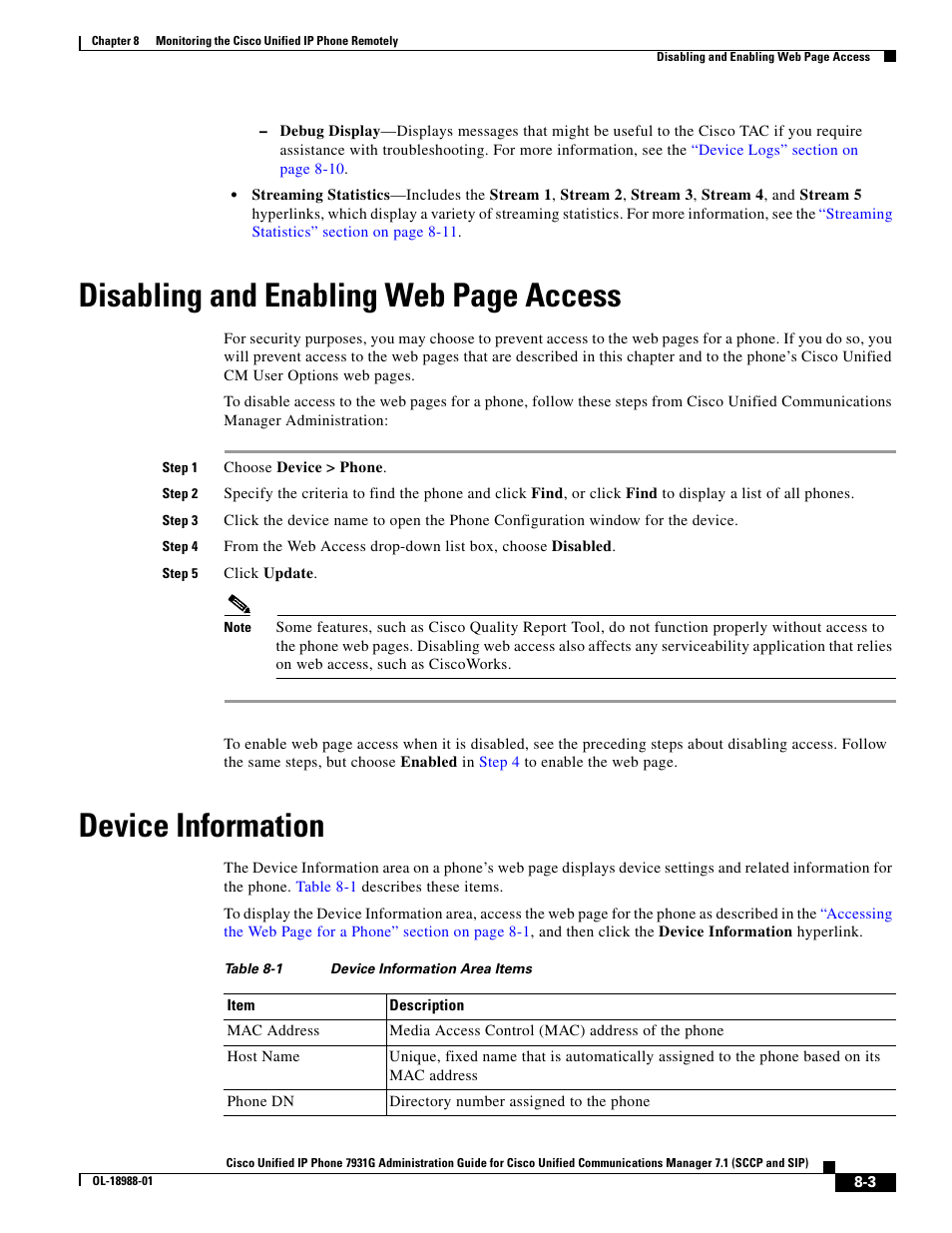 Device information, Disabling and enabling web page access | Cisco OL-18988-01 User Manual | Page 3 / 14