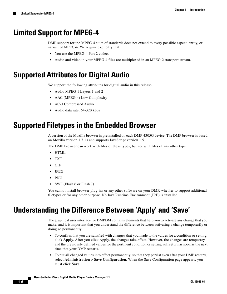 Limited support for mpeg-4, Supported attributes for digital audio, Supported filetypes in the embedded browser | Cisco OL-13985-01 User Manual | Page 6 / 10