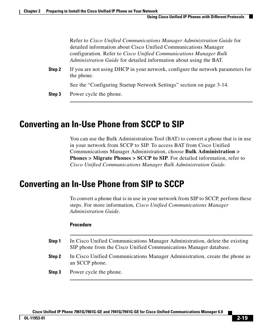 Converting an in-use phone from sccp to sip, Converting an in-use phone from sip to sccp | Cisco OL-11953-01 User Manual | Page 19 / 20