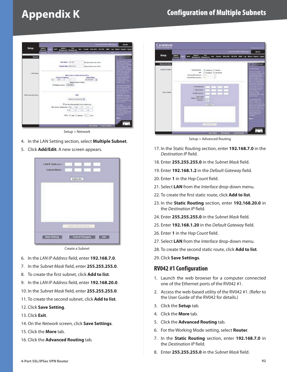 Rv042 #1 configuration, Appendix k, Configuration of multiple subnets | Cisco 4-Port SSL/IPSec VPN Router RVL200 User Manual | Page 100 / 117