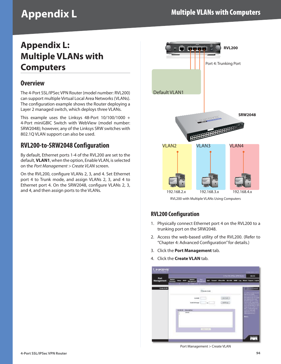 Appendix l: multiple vlans with computers, Overview, Rvl200-to-srw2048 configuration | Rvl200 configuration, Overview rvl200-to-srw2048 configuration, Appendix l, Multiple vlans with computers | Cisco 4-Port SSL/IPSec VPN Router RVL200 User Manual | Page 102 / 117