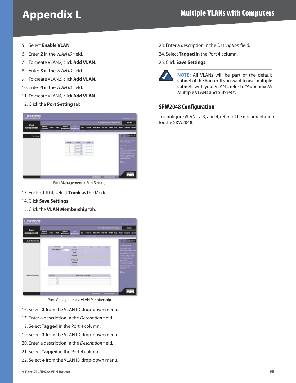 Srw2048 configuration, Appendix l, Multiple vlans with computers | Cisco 4-Port SSL/IPSec VPN Router RVL200 User Manual | Page 103 / 117