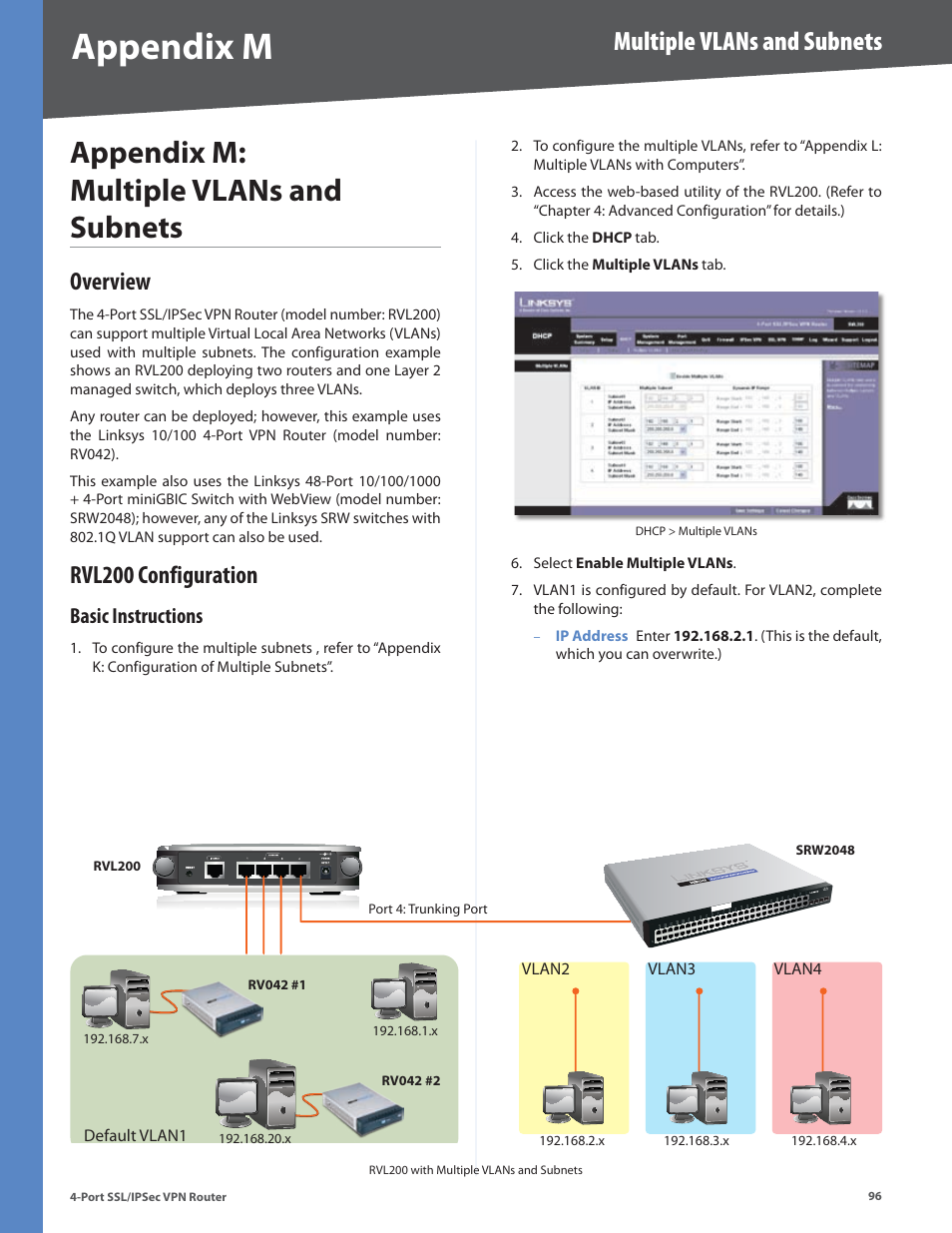 Appendix m: multiple vlans and subnets, Overview, Rvl200 configuration | Basic instructions, Overview rvl200 configuration, Appendix m, Multiple vlans and subnets | Cisco 4-Port SSL/IPSec VPN Router RVL200 User Manual | Page 104 / 117