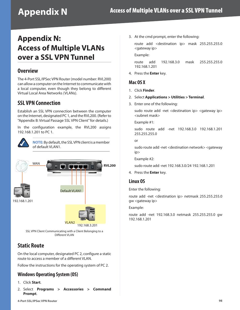Overview, Ssl vpn connection, Static route | Windows operating system (os), Mac os x, Linux os, Overview ssl vpn connection static route, Windows operating system (os) mac os x linux os, Appendix n, Access of multiple vlans over a ssl vpn tunnel | Cisco 4-Port SSL/IPSec VPN Router RVL200 User Manual | Page 106 / 117