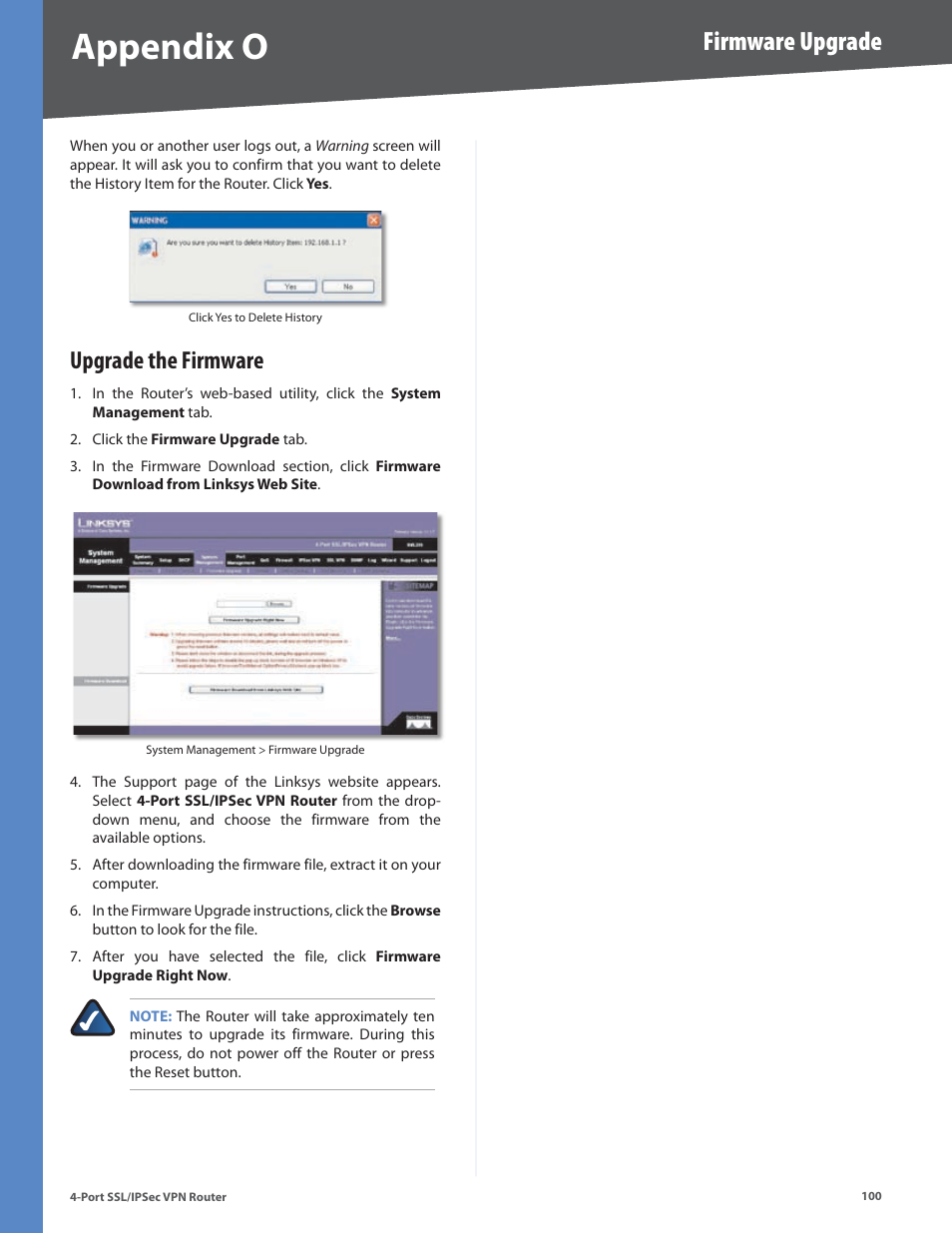 Upgrade the firmware, Appendix o, Firmware upgrade | Cisco 4-Port SSL/IPSec VPN Router RVL200 User Manual | Page 108 / 117