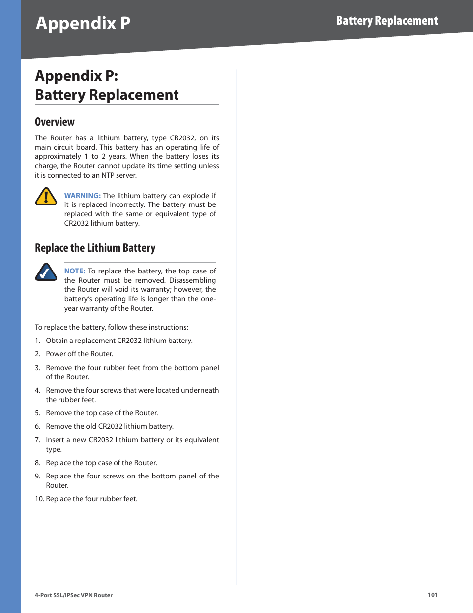 Appendix p: battery replacement, Overview, Replace the lithium battery | Overview replace the lithium battery, Appendix p, Battery replacement | Cisco 4-Port SSL/IPSec VPN Router RVL200 User Manual | Page 109 / 117