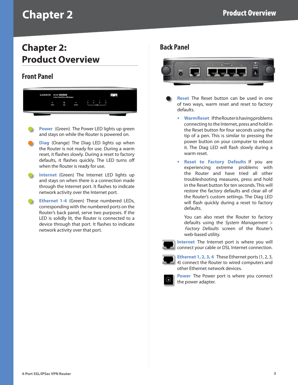 Chapter 2: product overview, Front panel, Back panel | Front panel back panel, Chapter, Chapter : product overview, Product overview | Cisco 4-Port SSL/IPSec VPN Router RVL200 User Manual | Page 11 / 117