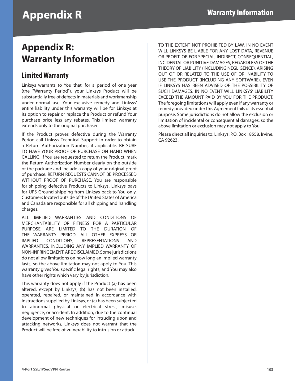 Appendix r, Appendix r: warranty information, Warranty information | Limited warranty | Cisco 4-Port SSL/IPSec VPN Router RVL200 User Manual | Page 111 / 117