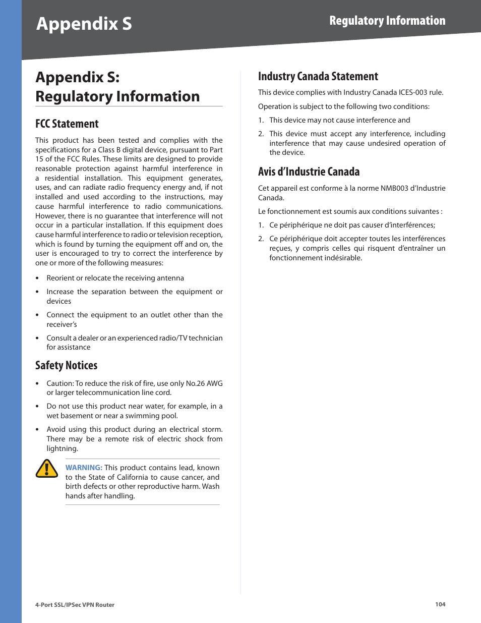 Appendix s: regulatory information, Fcc statement, Safety notices | Industry canada statement, Avis d’industrie canada, Appendix s, Regulatory information | Cisco 4-Port SSL/IPSec VPN Router RVL200 User Manual | Page 112 / 117