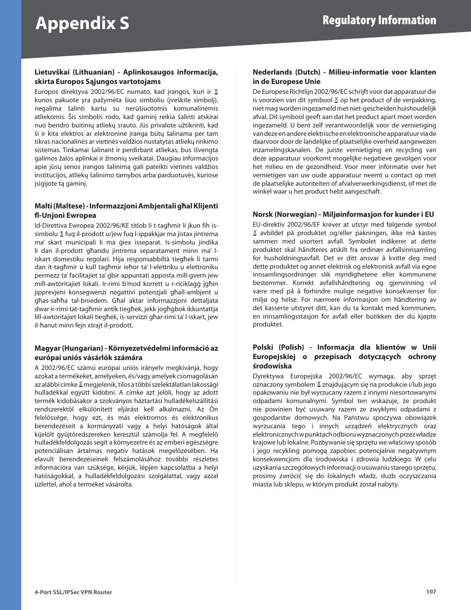 Appendix s, Regulatory information | Cisco 4-Port SSL/IPSec VPN Router RVL200 User Manual | Page 115 / 117