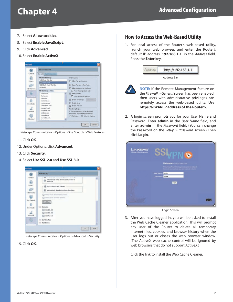 How to access the web-based utility, Chapter 4, Advanced configuration | Cisco 4-Port SSL/IPSec VPN Router RVL200 User Manual | Page 15 / 117