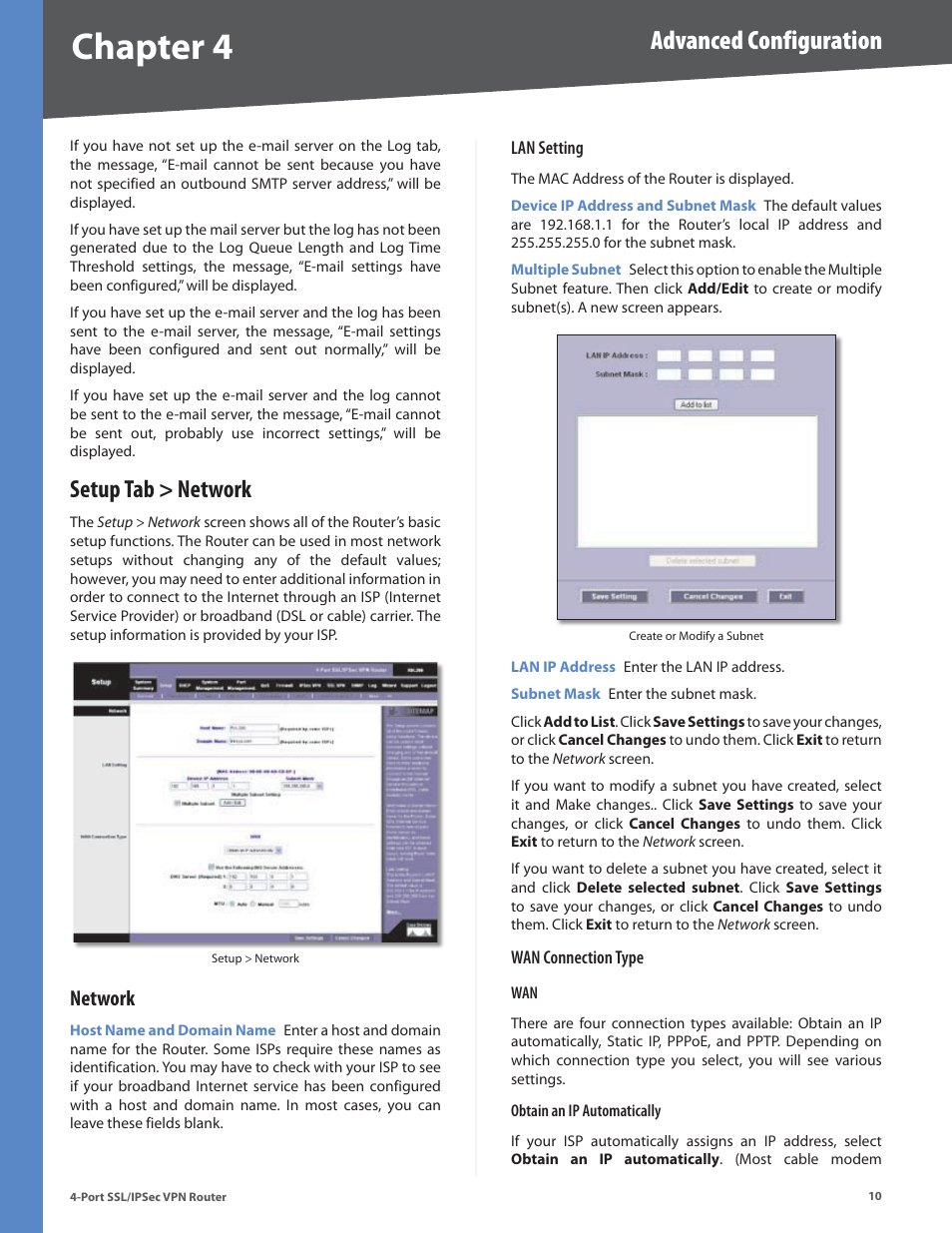 Setup tab > network, Network, Chapter 4 | Advanced configuration | Cisco 4-Port SSL/IPSec VPN Router RVL200 User Manual | Page 18 / 117
