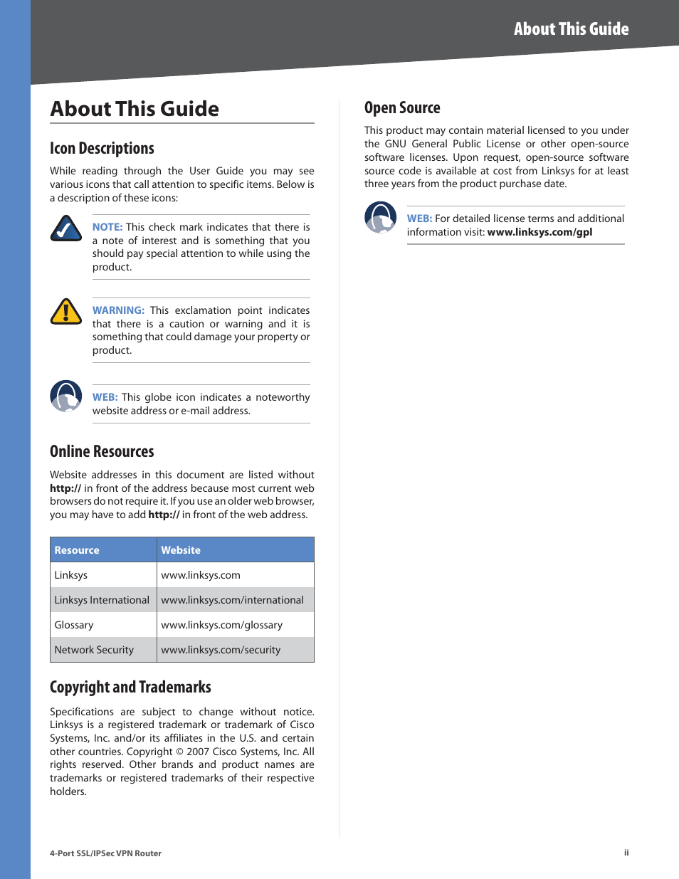 About this guide, Icon descriptions, Online resources | Copyright and trademarks, Open source | Cisco 4-Port SSL/IPSec VPN Router RVL200 User Manual | Page 2 / 117