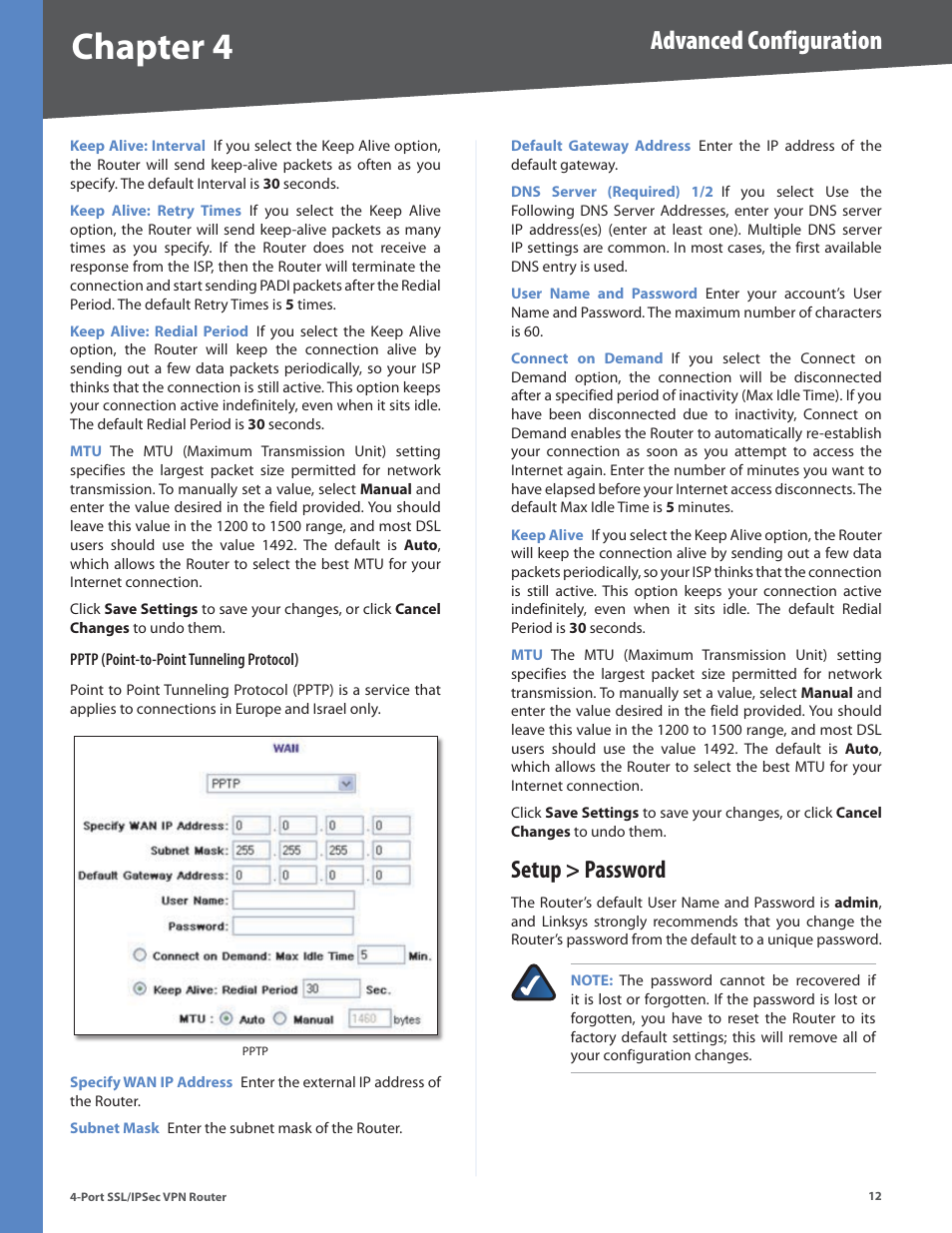 Setup > password, Chapter 4, Advanced configuration | Cisco 4-Port SSL/IPSec VPN Router RVL200 User Manual | Page 20 / 117