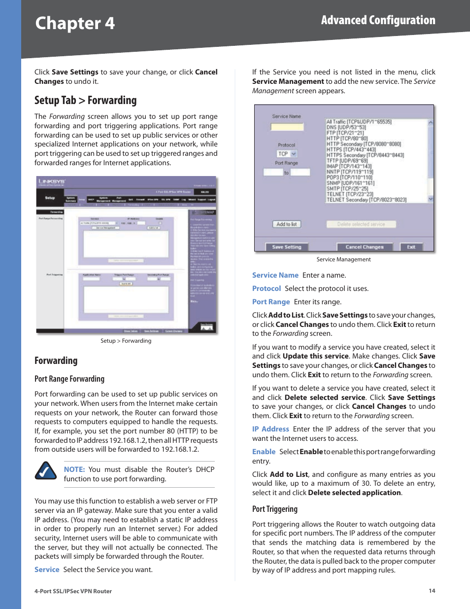 Setup tab > forwarding, Forwarding, Chapter 4 | Advanced configuration | Cisco 4-Port SSL/IPSec VPN Router RVL200 User Manual | Page 22 / 117