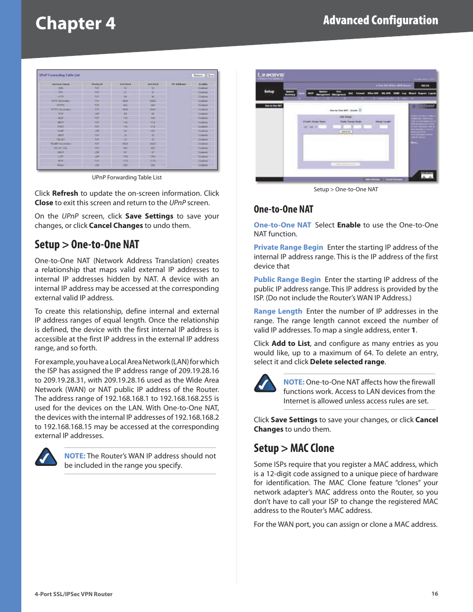 Setup > one-to-one nat, One-to-one nat, Setup > mac clone | Chapter 4, Advanced configuration | Cisco 4-Port SSL/IPSec VPN Router RVL200 User Manual | Page 24 / 117
