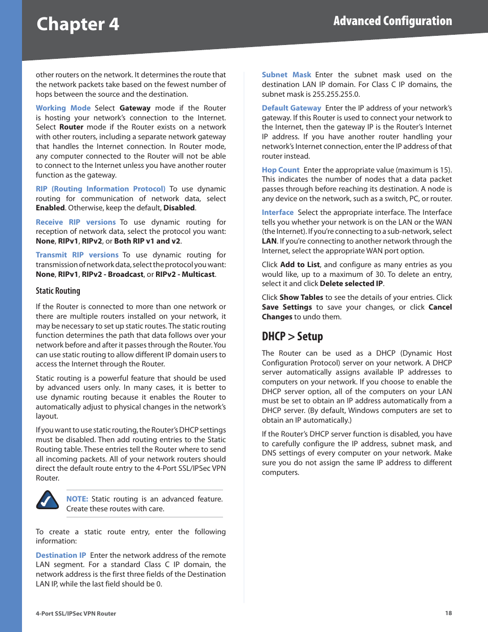 Dhcp > setup, Chapter 4, Advanced configuration | Cisco 4-Port SSL/IPSec VPN Router RVL200 User Manual | Page 26 / 117