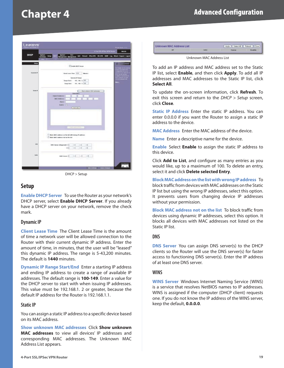 Setup, Chapter 4, Advanced configuration | Cisco 4-Port SSL/IPSec VPN Router RVL200 User Manual | Page 27 / 117