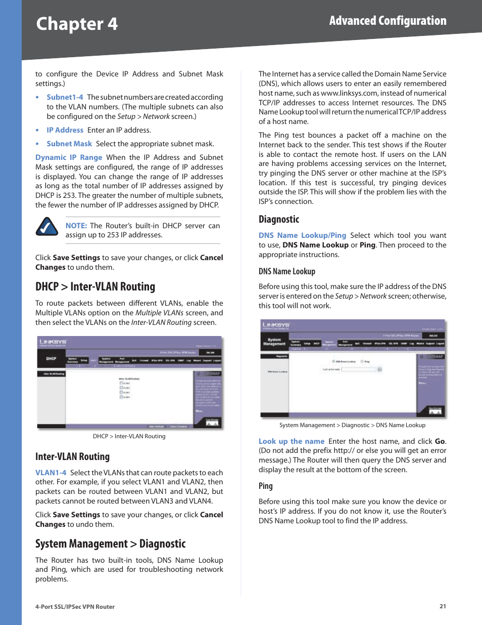 Dhcp > inter-vlan routing, Inter-vlan routing, System management > diagnostic | Diagnostic, Chapter 4, Advanced configuration | Cisco 4-Port SSL/IPSec VPN Router RVL200 User Manual | Page 29 / 117