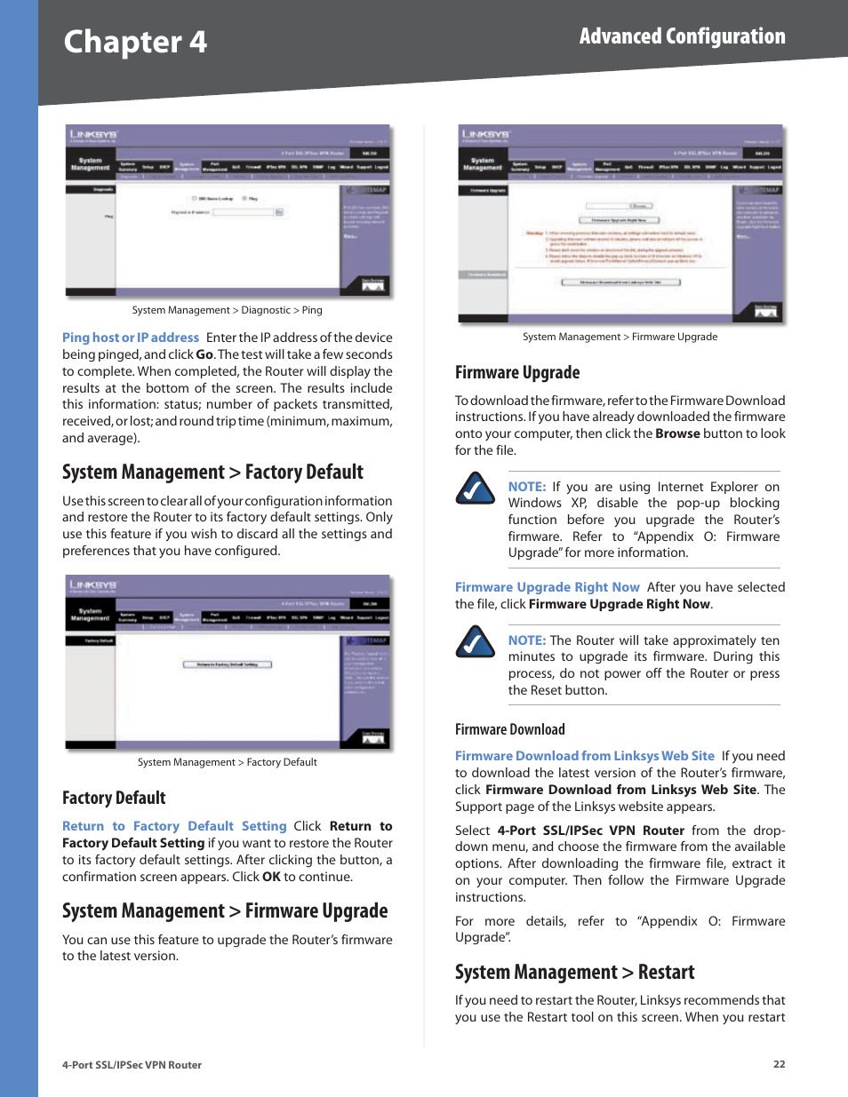 System management > factory default, Factory default, System management > firmware upgrade | Firmware upgrade, System management > restart, Chapter 4, Advanced configuration | Cisco 4-Port SSL/IPSec VPN Router RVL200 User Manual | Page 30 / 117