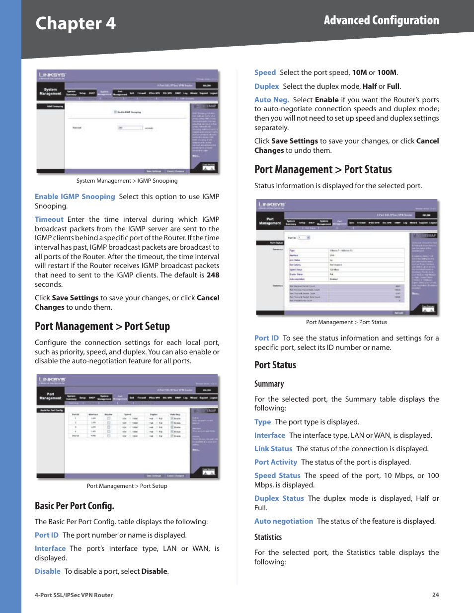 Port management > port setup, Basic per port config, Port management > port status | Port status, Chapter 4, Advanced configuration | Cisco 4-Port SSL/IPSec VPN Router RVL200 User Manual | Page 32 / 117