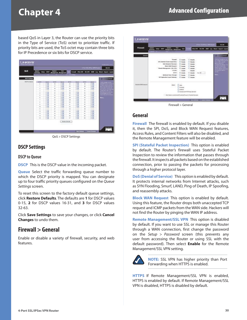 Dscp settings, Firewall > general, General | Chapter 4, Advanced configuration | Cisco 4-Port SSL/IPSec VPN Router RVL200 User Manual | Page 38 / 117