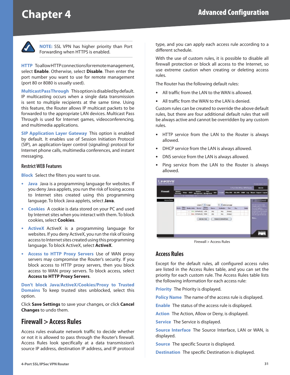 Firewall > access rules, Access rules, Chapter 4 | Advanced configuration | Cisco 4-Port SSL/IPSec VPN Router RVL200 User Manual | Page 39 / 117