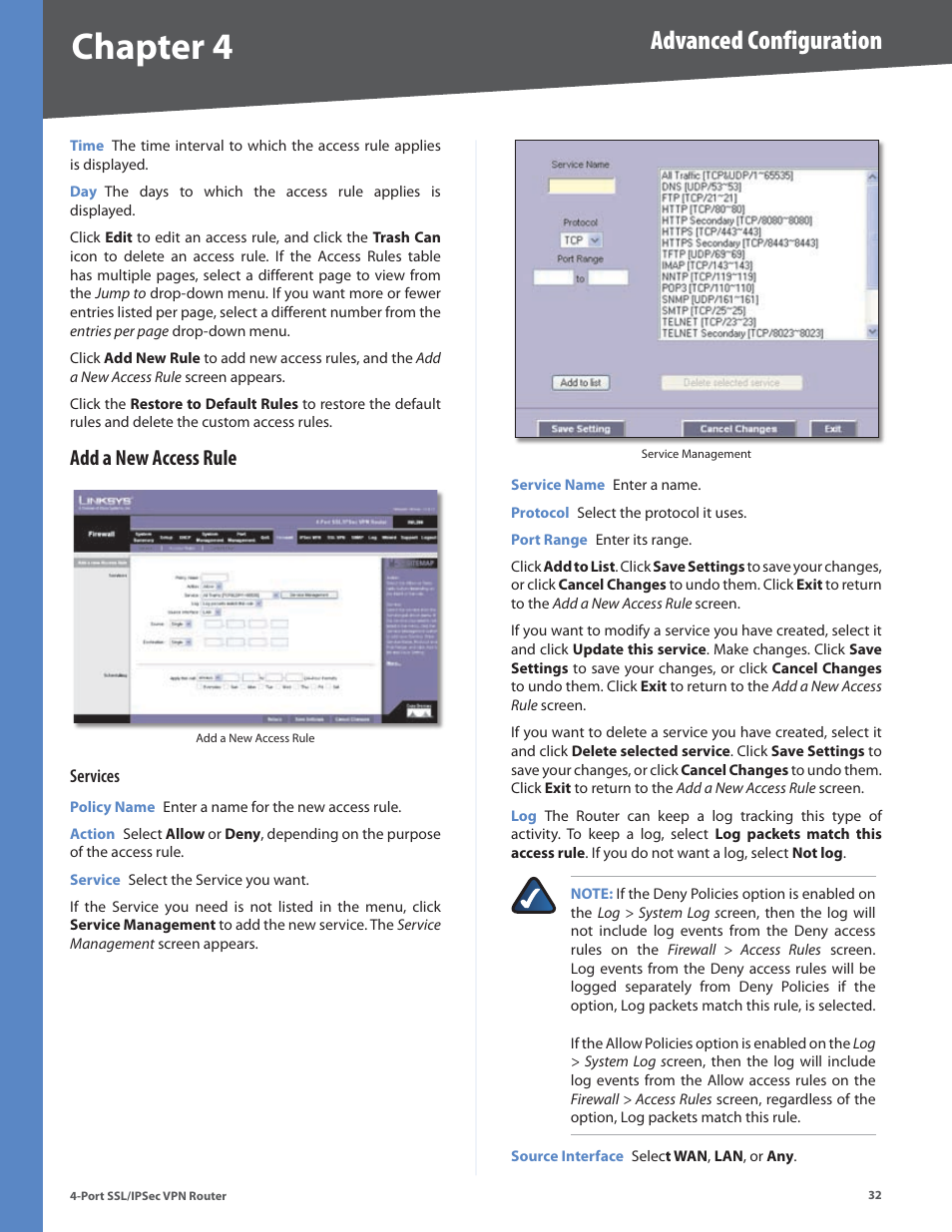 Add a new access rule, Chapter 4, Advanced configuration | Cisco 4-Port SSL/IPSec VPN Router RVL200 User Manual | Page 40 / 117