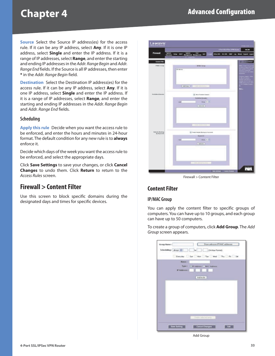 Firewall > content filter, Content filter, Chapter 4 | Advanced configuration | Cisco 4-Port SSL/IPSec VPN Router RVL200 User Manual | Page 41 / 117