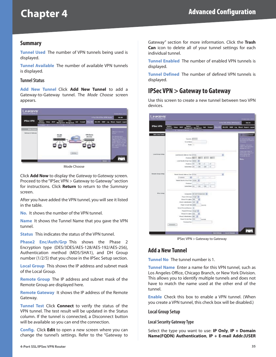 Summary, Ipsec vpn > gateway to gateway, Add a new tunnel | Chapter 4, Advanced configuration | Cisco 4-Port SSL/IPSec VPN Router RVL200 User Manual | Page 43 / 117