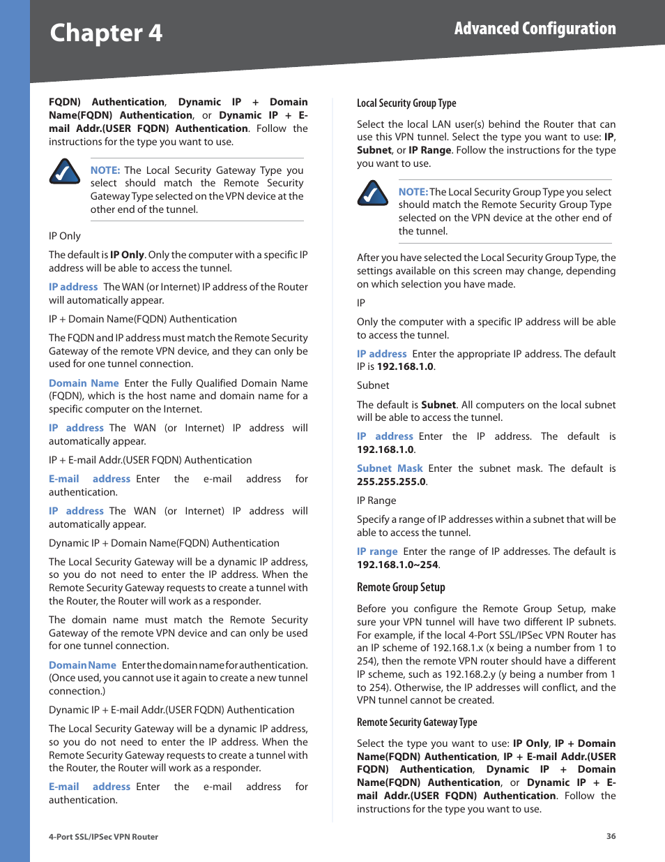 Chapter 4, Advanced configuration | Cisco 4-Port SSL/IPSec VPN Router RVL200 User Manual | Page 44 / 117