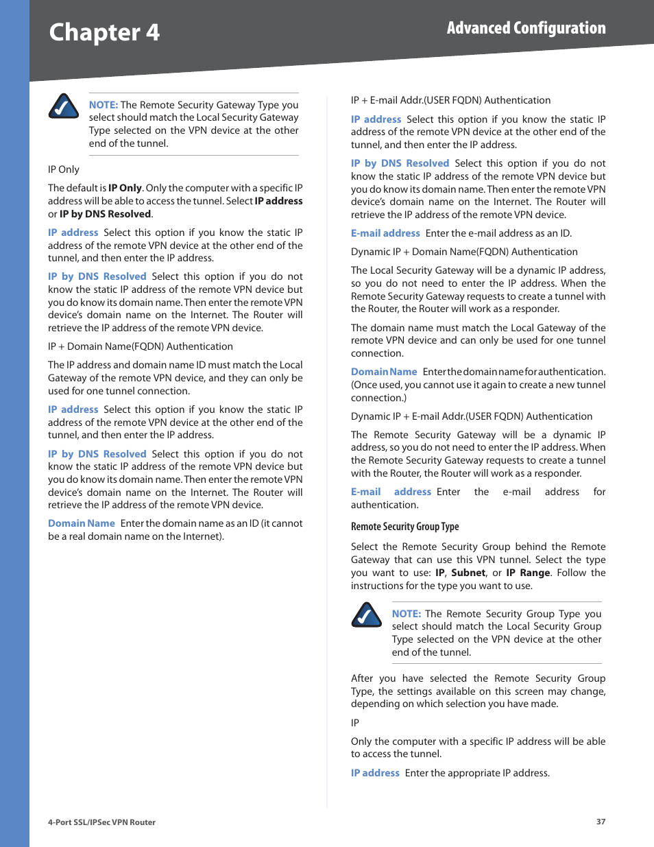 Chapter 4, Advanced configuration | Cisco 4-Port SSL/IPSec VPN Router RVL200 User Manual | Page 45 / 117