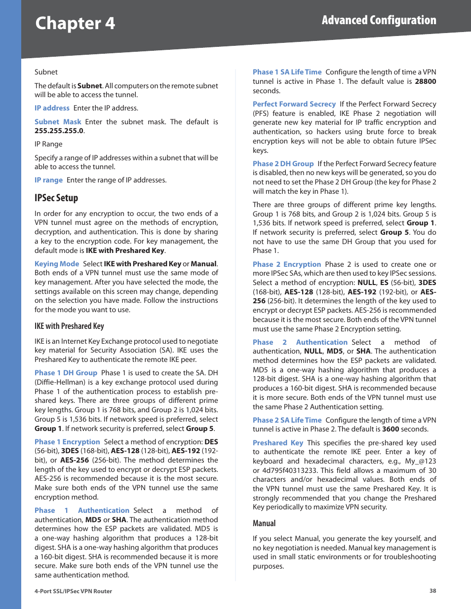 Ipsec setup, Chapter 4, Advanced configuration | Cisco 4-Port SSL/IPSec VPN Router RVL200 User Manual | Page 46 / 117