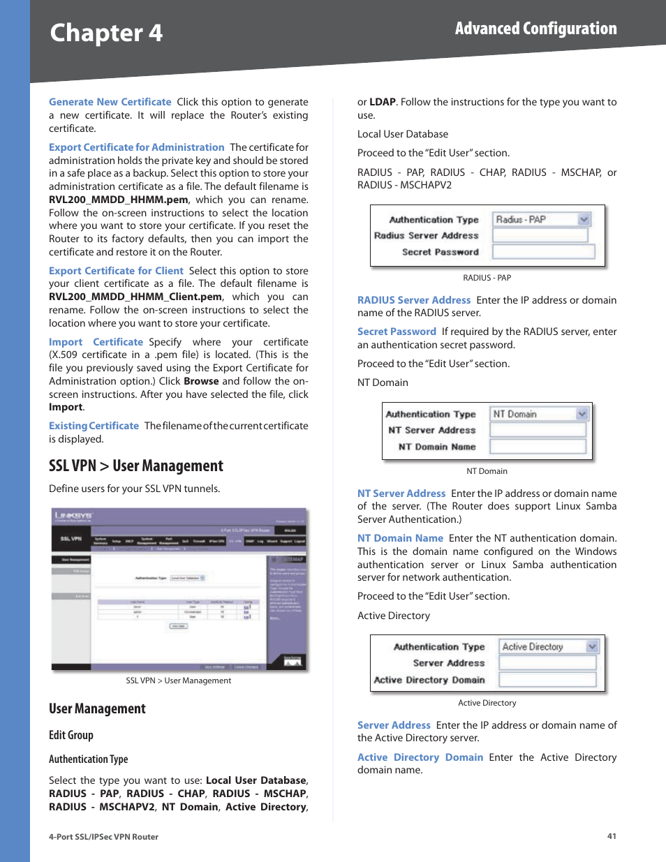 Ssl vpn > user management, User management, Chapter 4 | Advanced configuration | Cisco 4-Port SSL/IPSec VPN Router RVL200 User Manual | Page 49 / 117